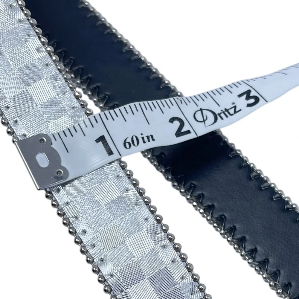 VTG Elite USA Silver Metallic Checkered Belt Disco Y2K Geometric‎ Sz Small Punk